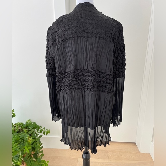 JOSEPH RIBKOFF Sheer Bell Sleeve Tie Front Black Jacket Crinkle High Low Ruffle - Picture 4 of 17